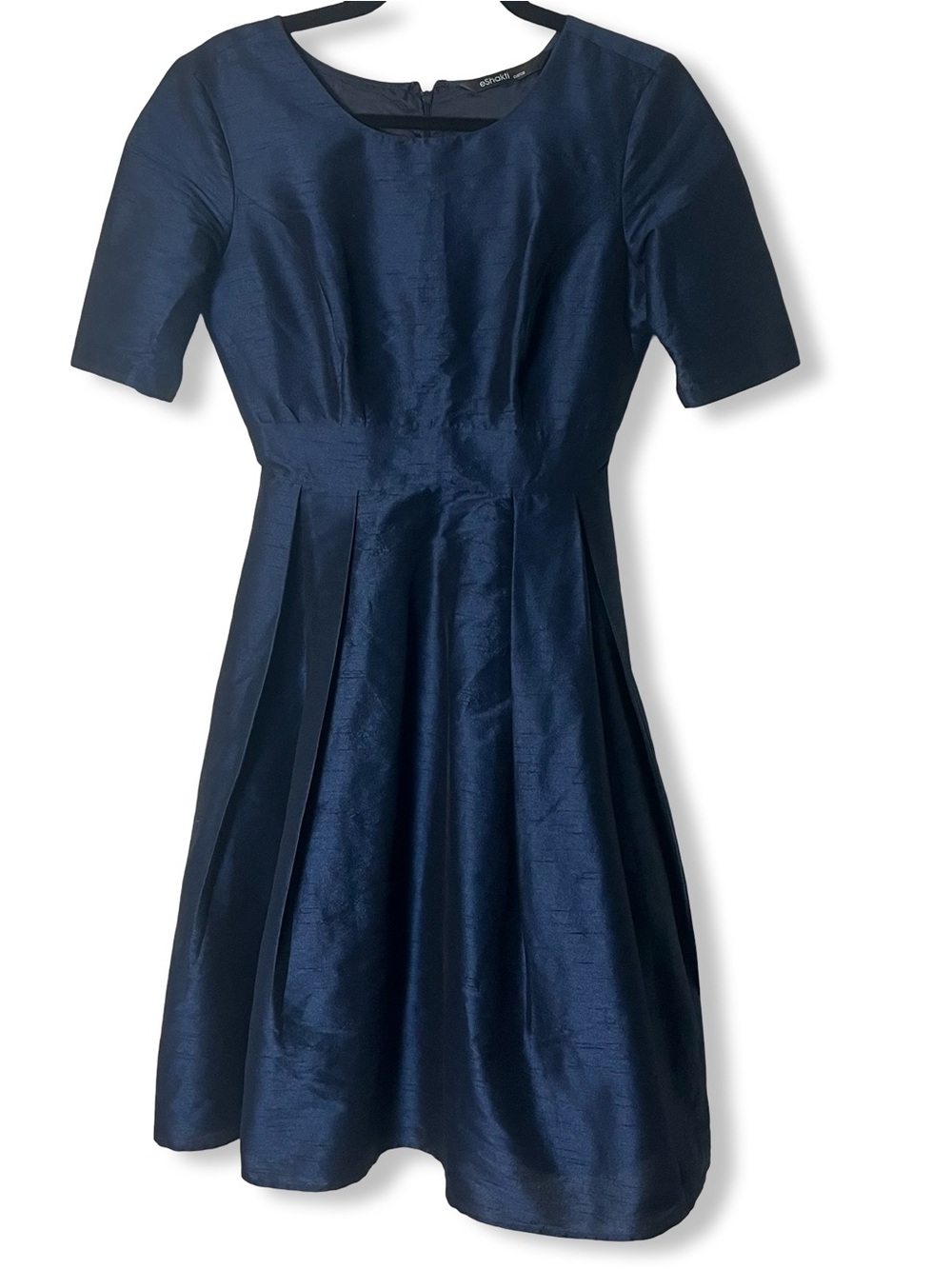 eShakti Custom Navy Fit Flare Dress Elbow Sleeve Pleated Skirt Pockets Lined
